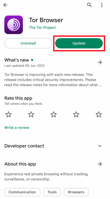 Uppfærsla Tor-vafrans fyrir Android í Google Play