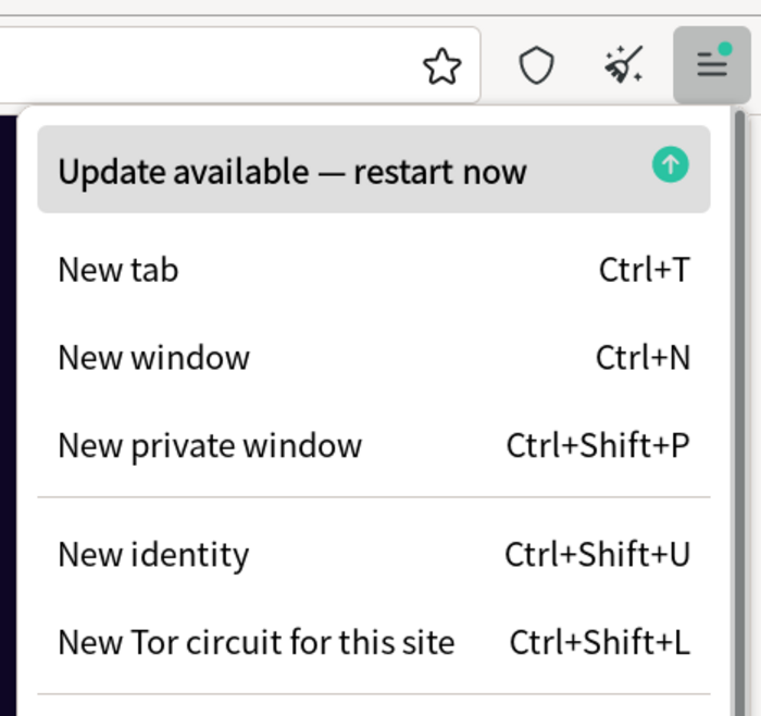 Selectați 'Restart pentru a actualiza Tor Browser' din meniul principal