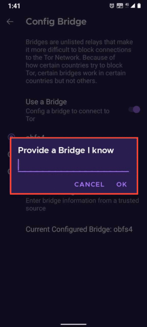 จัดหาตำแหน่งของบริดจ์บน Tor Browser สำหรับ Android