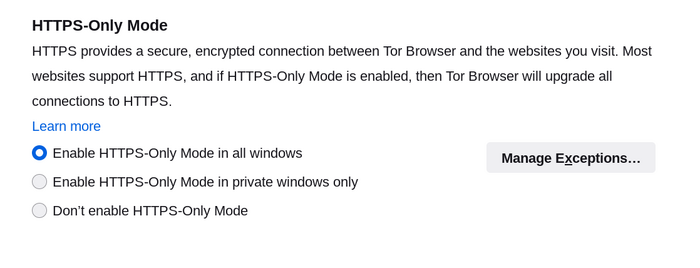Режим «Только HTTPS» в браузере Tor