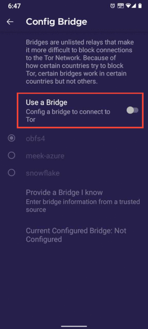 Επιλογή γέφυρας στο Tor Browser για Android
