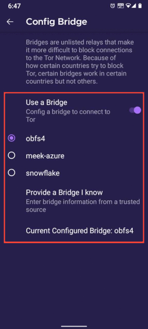 Híd kiválasztva az Androidos Tor Böngészőben