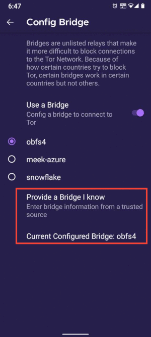 Weja bridge katiuka Tor Browser ya Android
