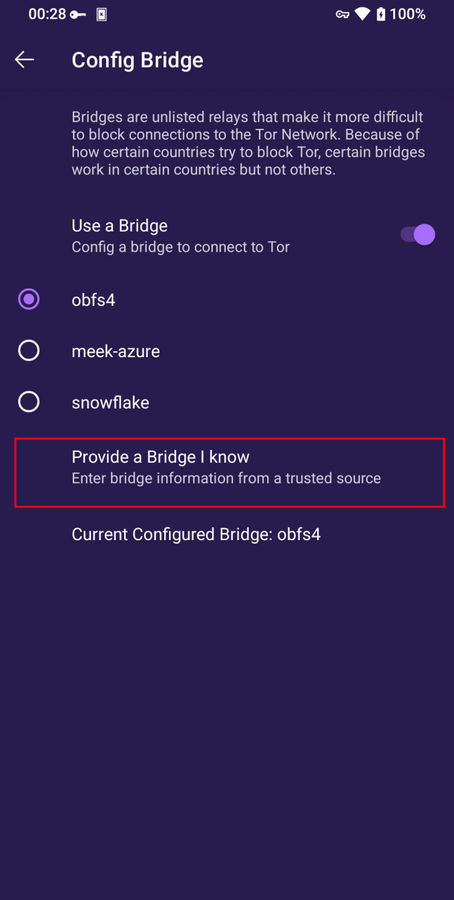 Fornecer uma ponte no Navegador Tor para Android