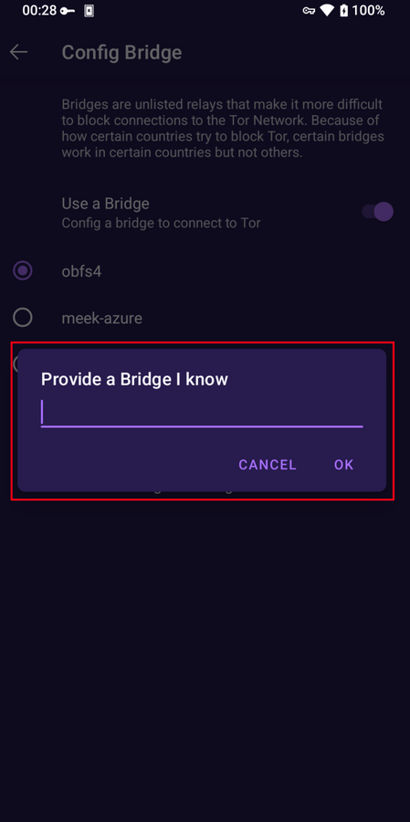 Fornecer uma ponte no Navegador Tor para Android