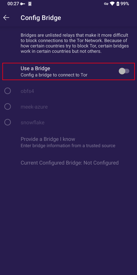 Pilih sebuah bridge pada Tor Browser untuk Android