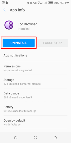 Uninstalling Tor Browser for Android using device app settings