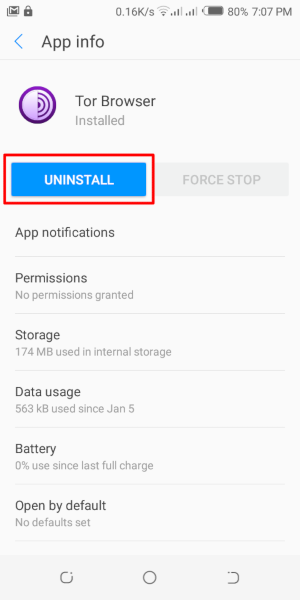 Désinstallation du navigateur Tor sous Android en utilisant les paramètres de configuration de l'application