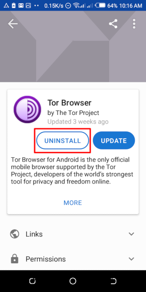 Fjarlæging Tor-vafrans fyrir Android í F-Droid