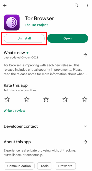 Dezinstalarea aplicației Tor Browser pentru Android pe Google Play