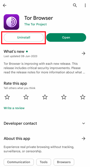 Disinstallare Tor Browser per Android su Google Play