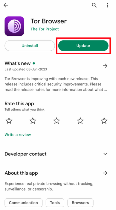 Memperbaharui Tor Browser untuk Android pada Google Play