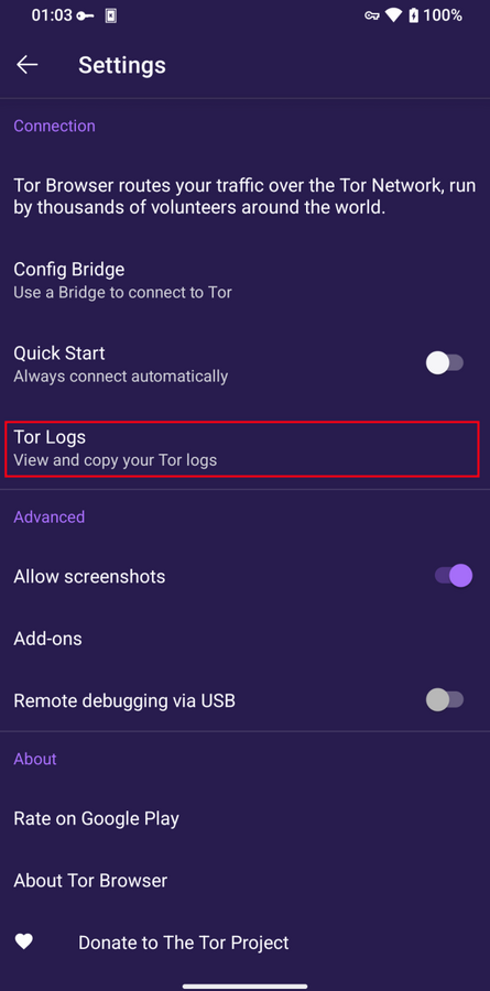 View Tor logs on Tor Browser for Android