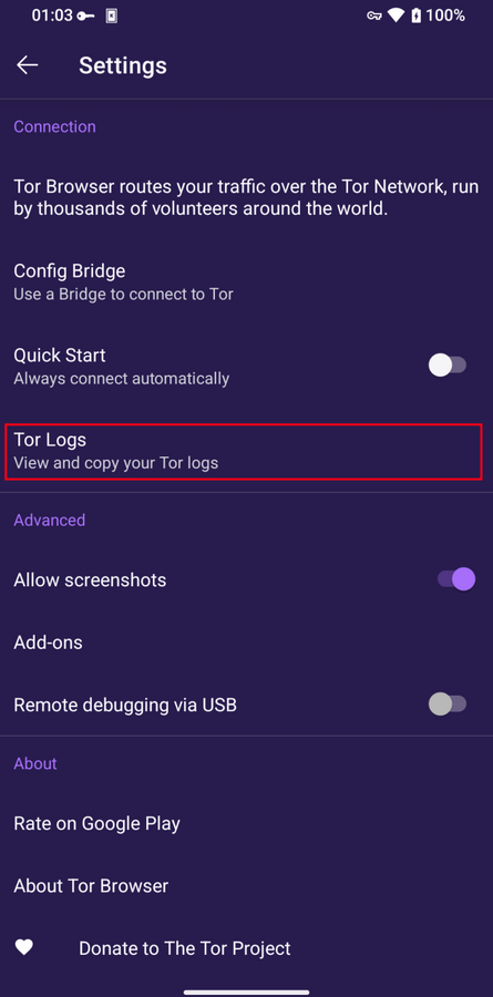 Ver registros do Tor no Navegador Tor para Android